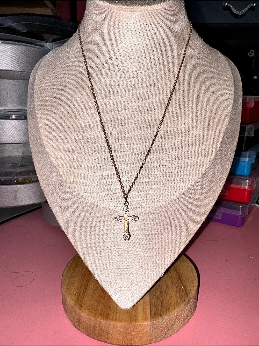1928 Jewelry Vintage Mixed Metal Filigree Cross Pendant Necklace